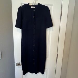 ST JOHN Navy Short Sleeve Button Front Knit Midi Dress Sz 8 Old Money Timeless